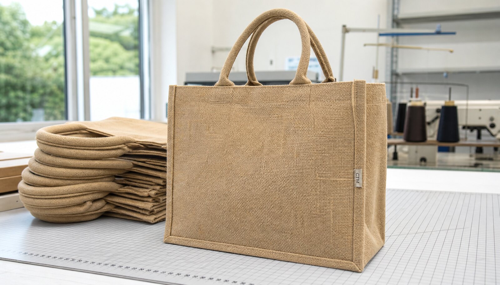 Natural jute promotional tote bag in a factory sample room with a stitched CTM side label