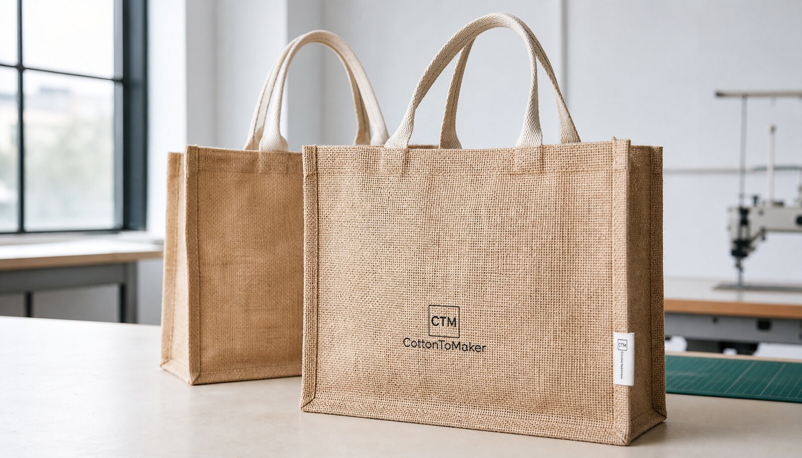 Natural jute shopping bags with a small CTM/CottonToMaker logo in a clean factory sample room.