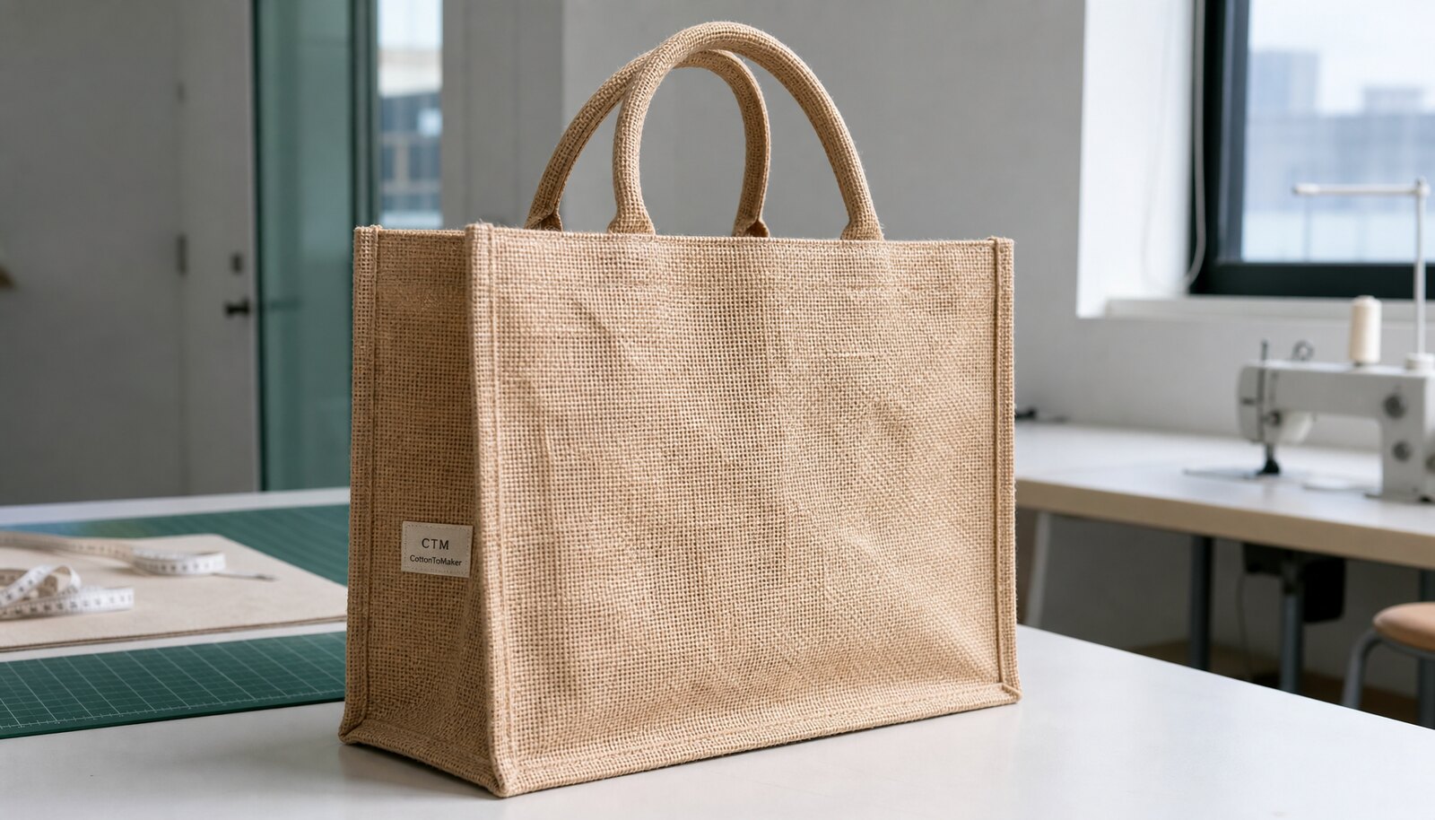 Natural jute shopping bag with CTM CottonToMaker side label photographed in a clean factory sample room
