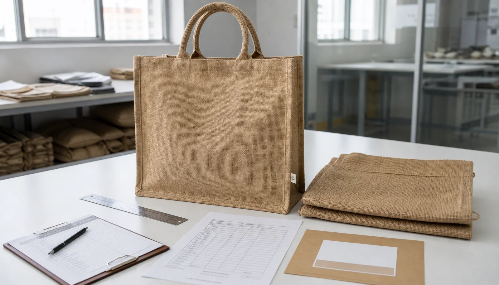 Photorealistic natural jute tote bag on an inspection table with a ruler, sample approval sheet, and folded reference sample in a clean sample room.