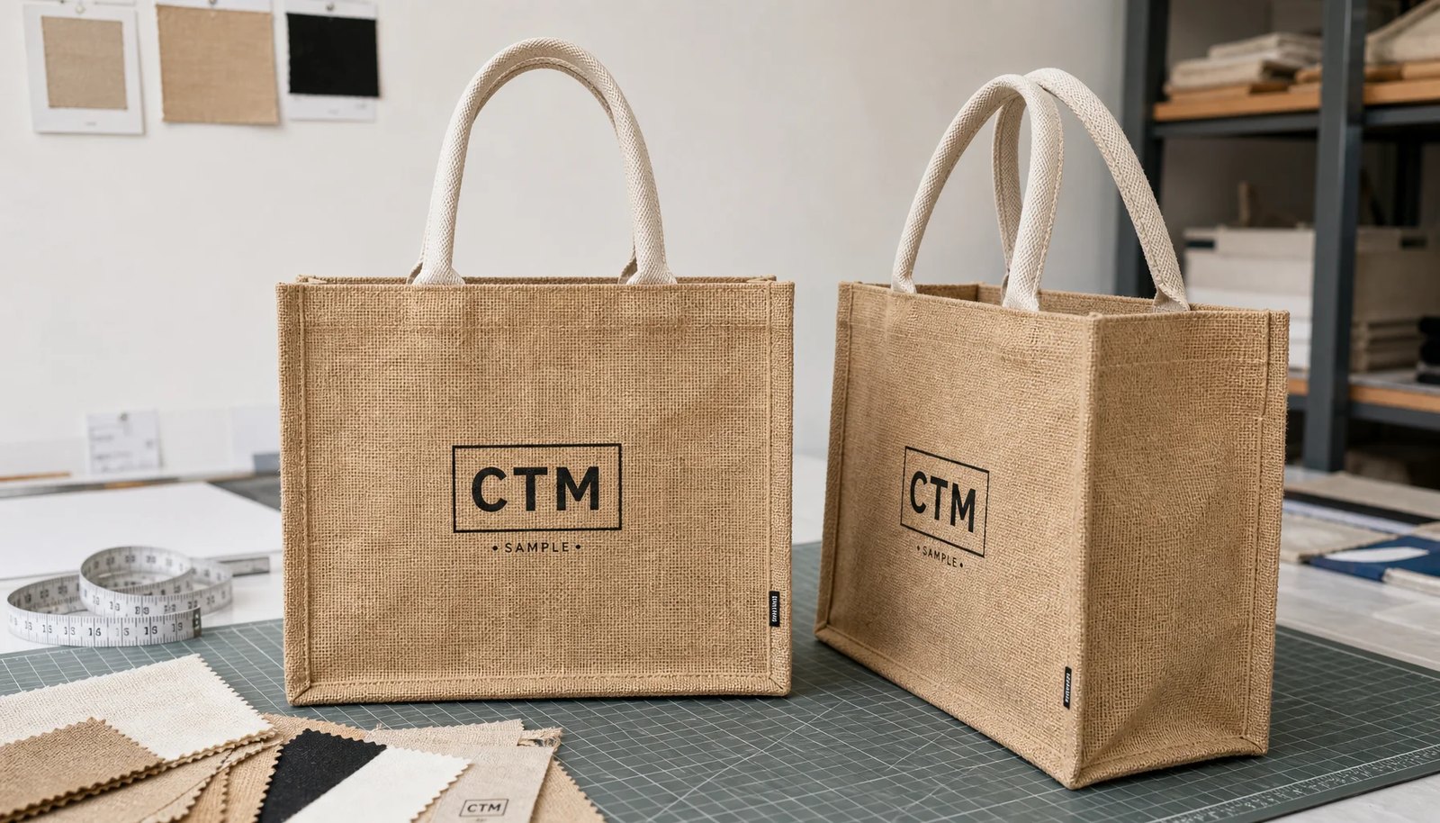 Natural jute tote bag sample with CTM logo printed on front panel in a clean factory sample room
