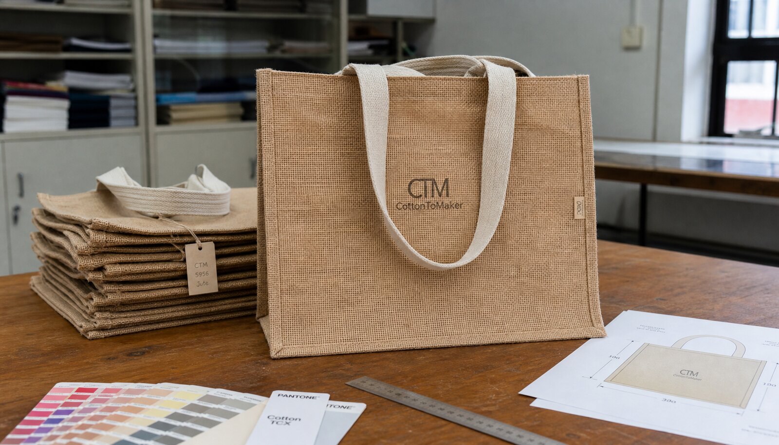 A printed jute tote bag sample with a simple CTM logo in a factory sample room, reviewed against a print proof and measurement sheet.