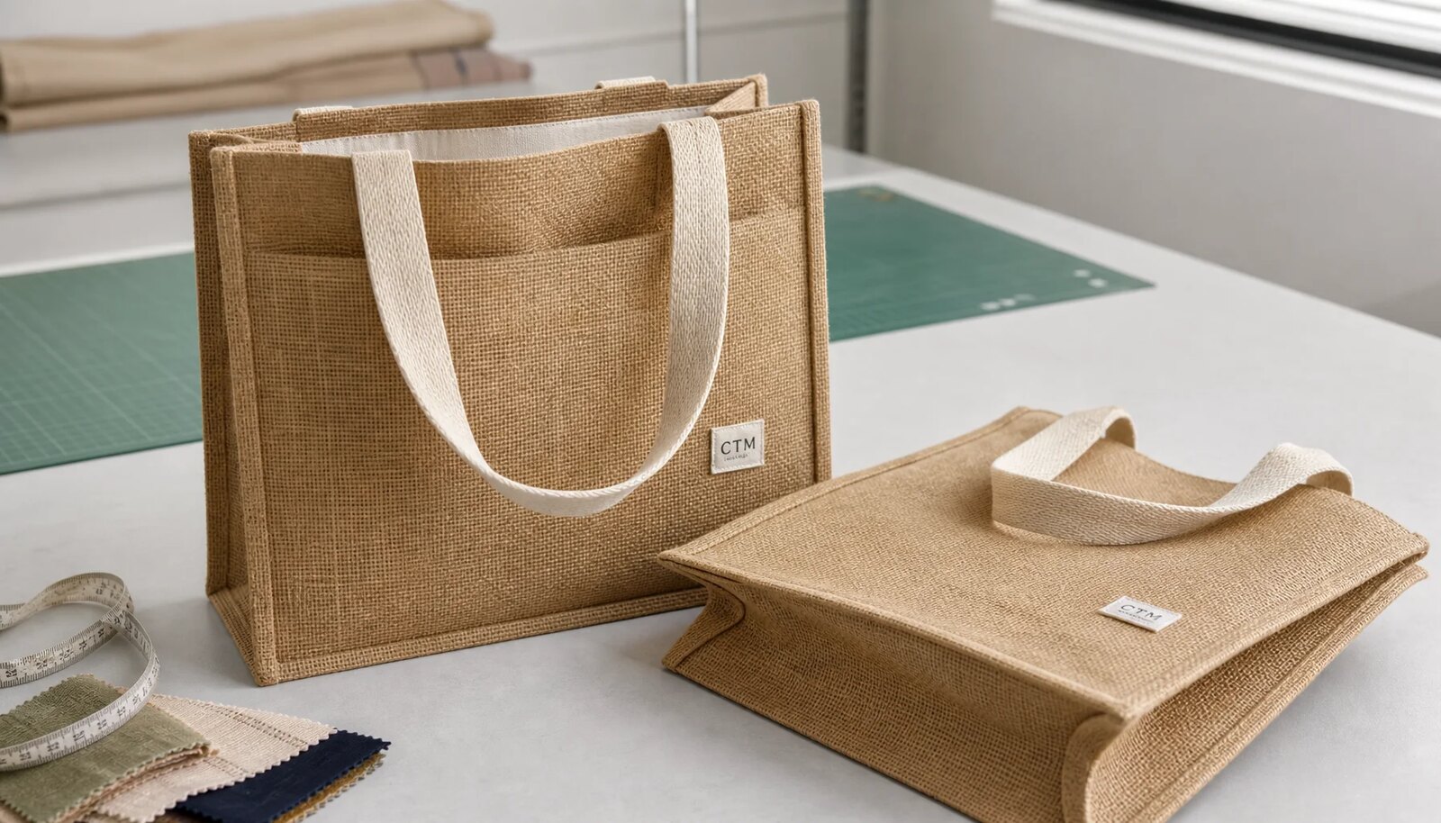 Natural jute tote bag sample with CTM logo in a factory sample room