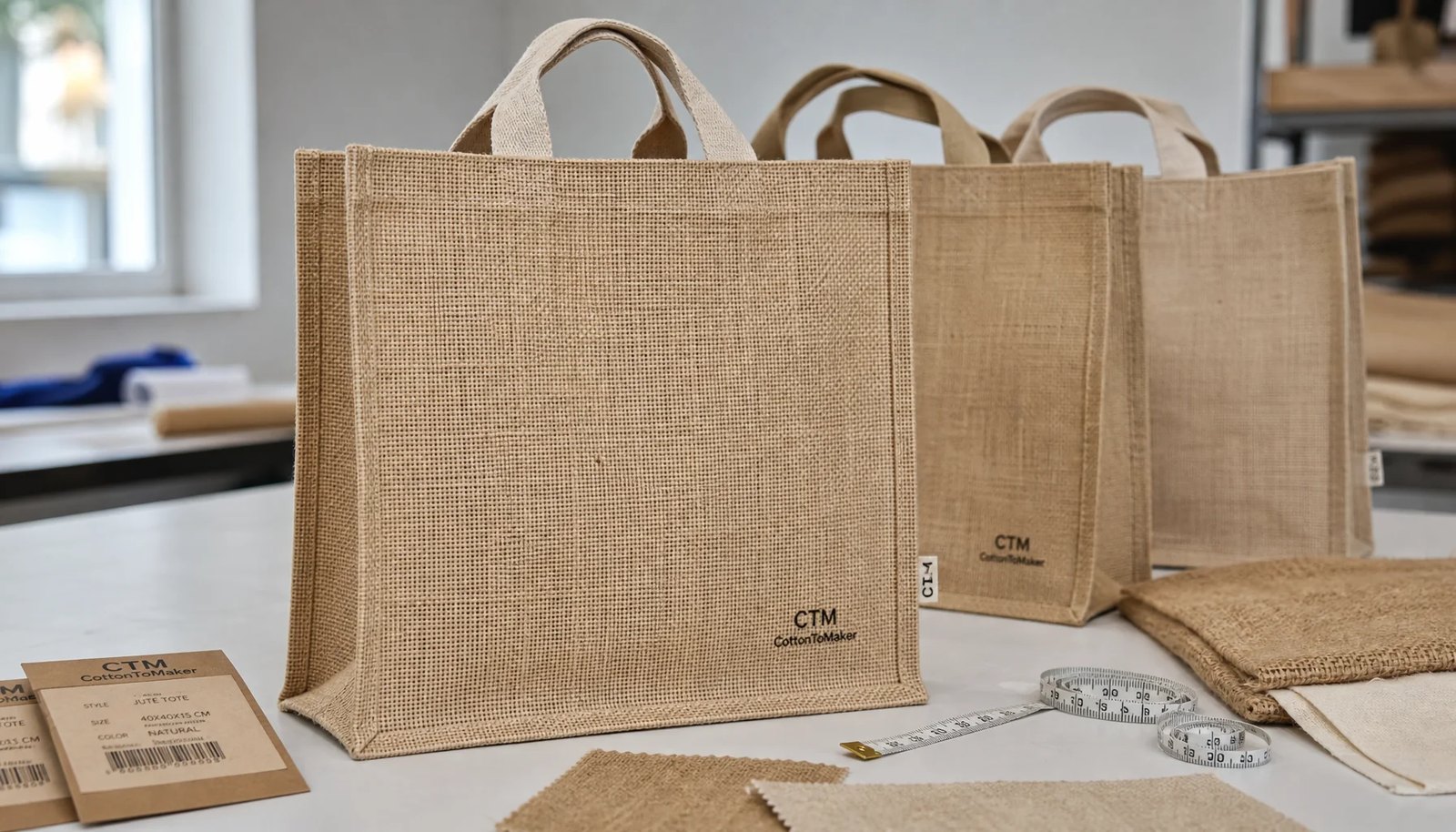 Natural jute tote bag sample with reinforced handles for university bookstore bulk pricing and procurement planning
