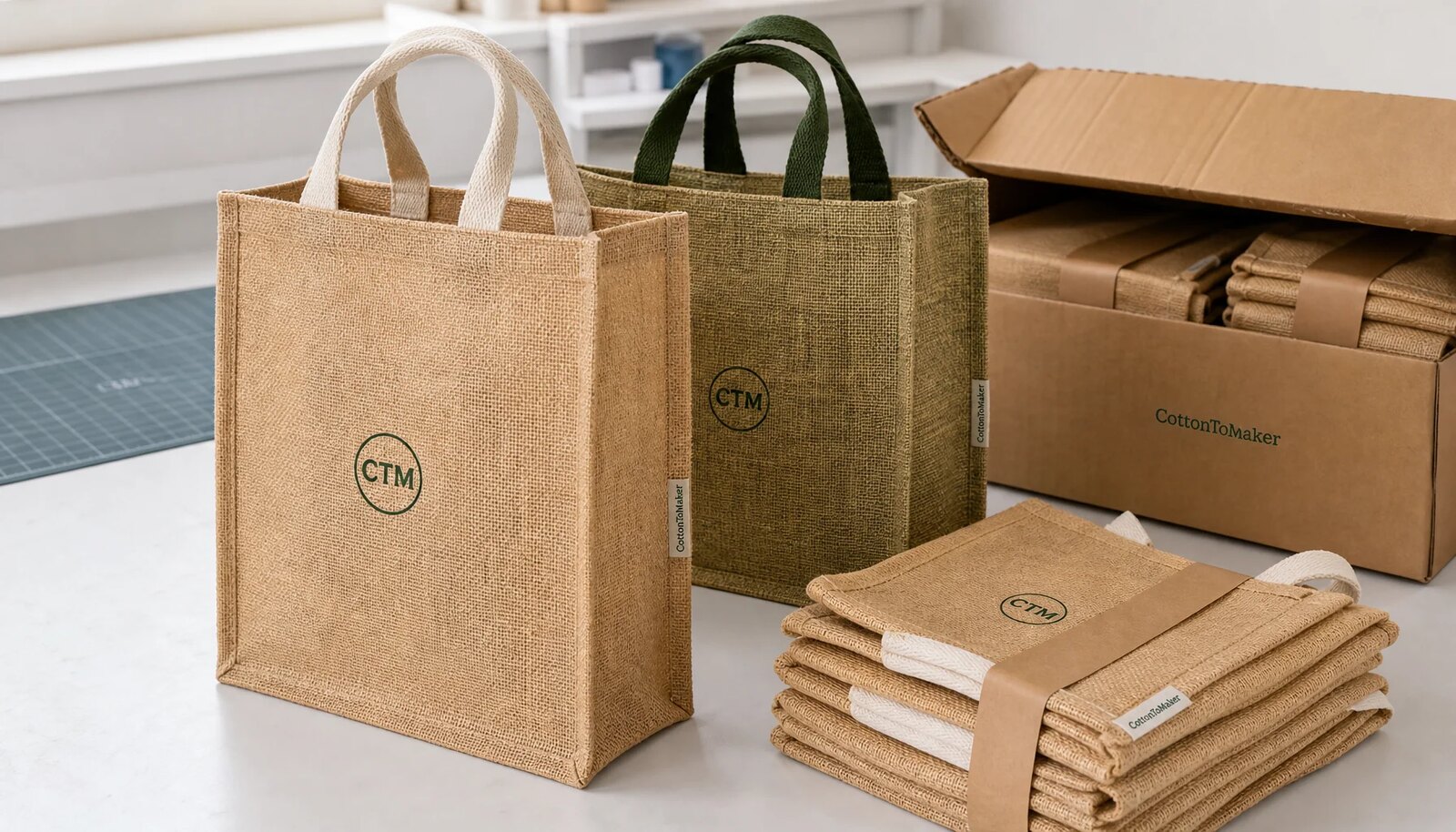 Natural jute tote bags with CTM logo packed beside an export carton for craft fair orders