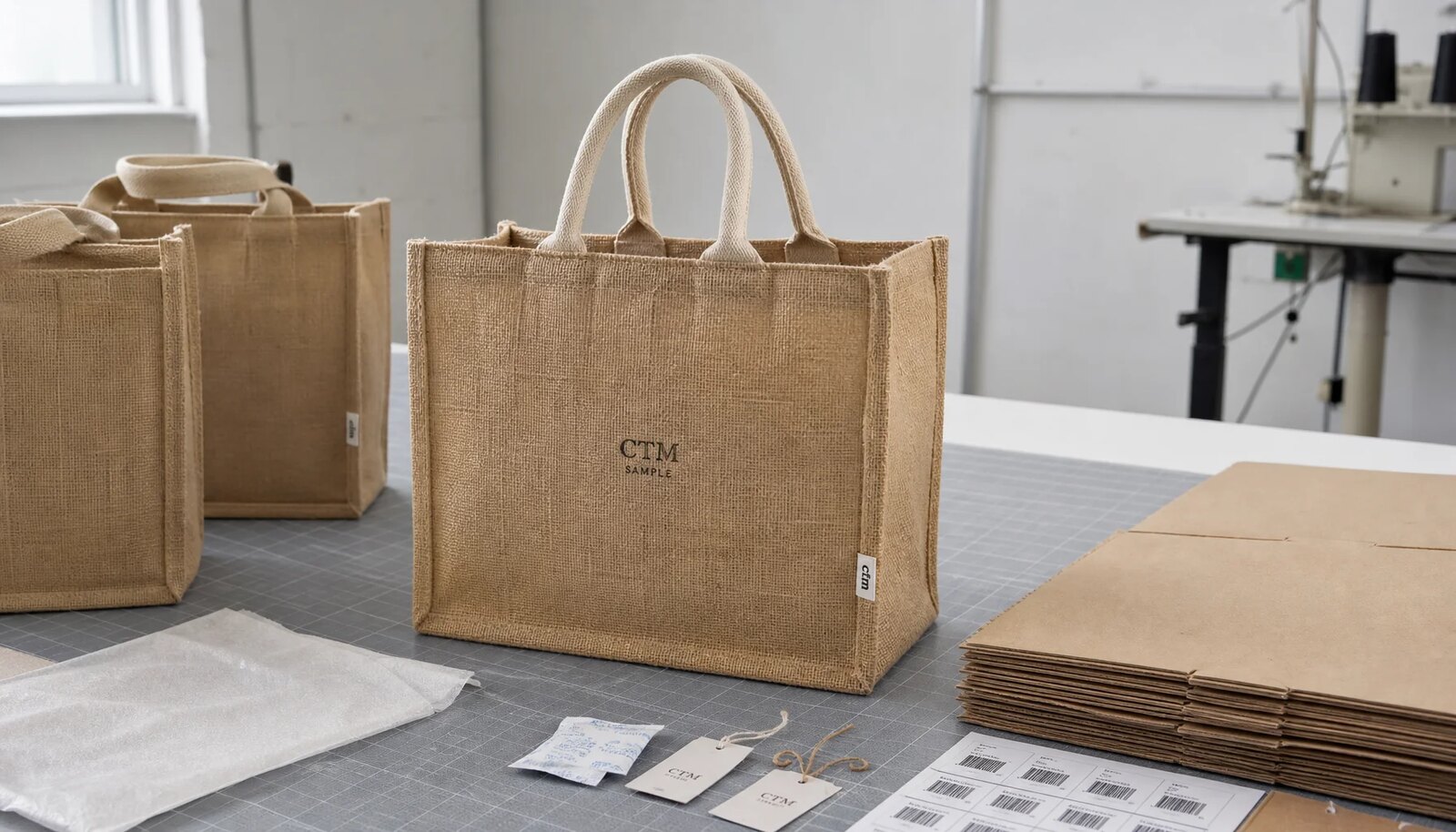 Natural jute tote bag sample with CTM logo and CottonToMaker side label prepared for carton packing review