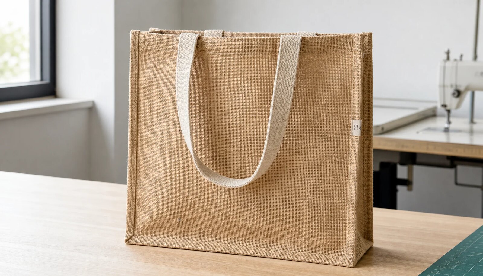 Photorealistic jute tote bag sample with a small CTM/CottonToMaker side label in a factory sample room.