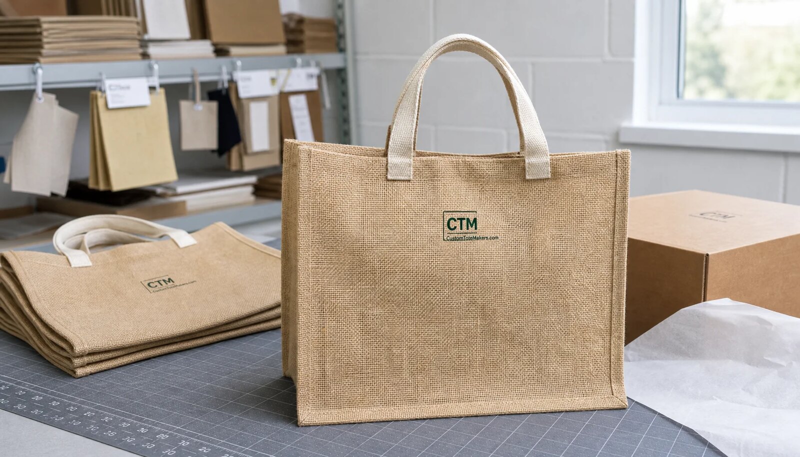 Natural jute tote bag with CTM sample logo on a factory packing table