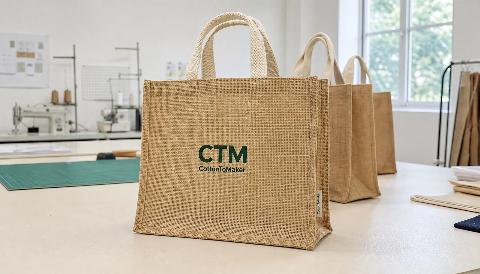 Natural jute tote bag sample with CTM printed logo and CottonToMaker side label in a factory sample room