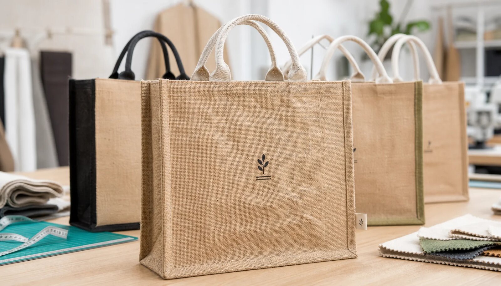 Natural jute tote bag samples with CTM logo in a factory sample room