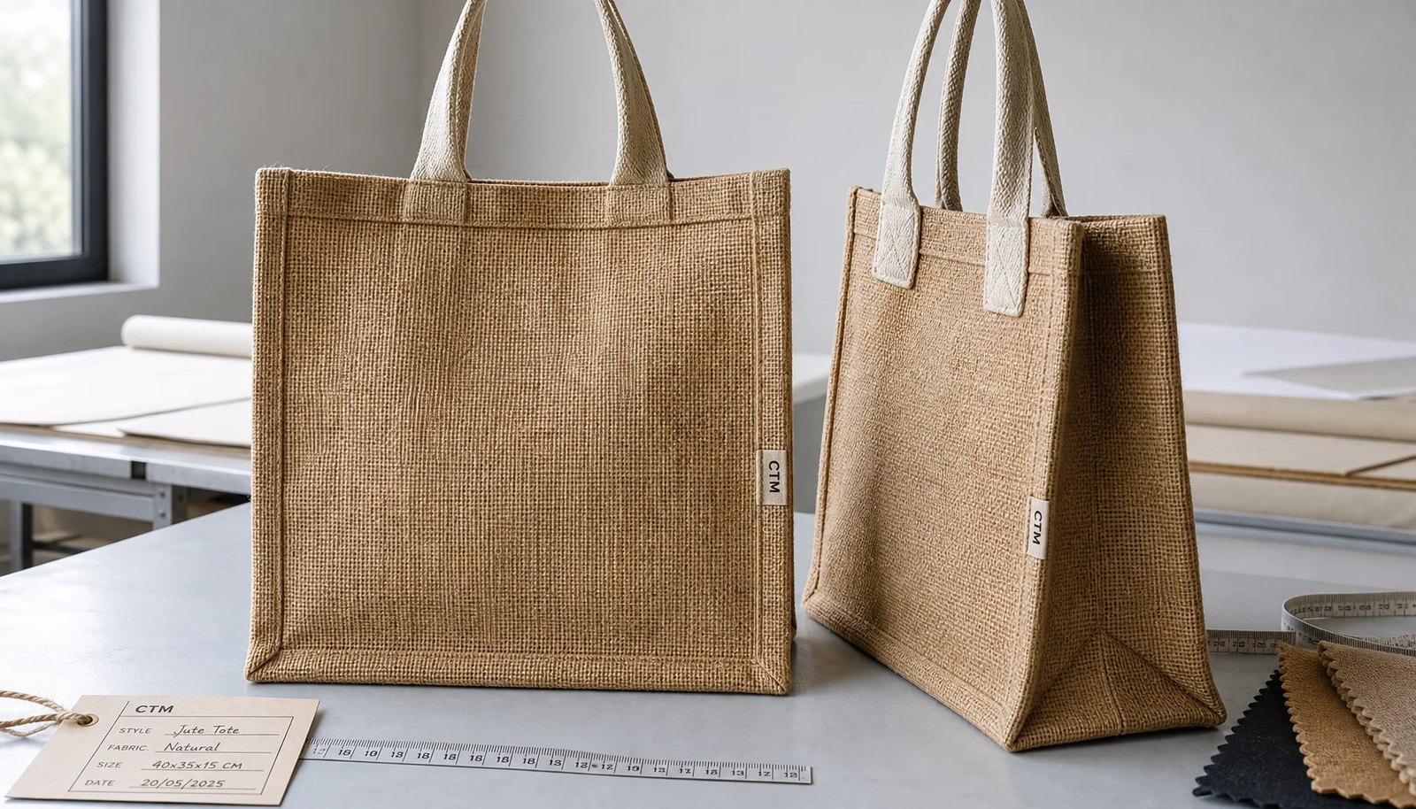 Two natural jute tote bags with a stitched CTM/CottonToMaker side label in a factory sample room.