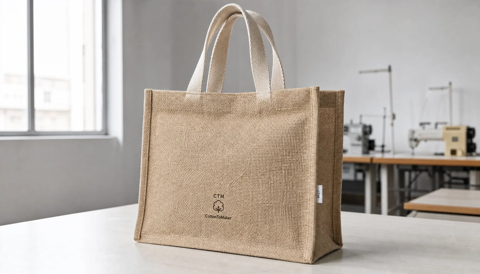 Structured natural jute tote bag with reinforced handles and a small CTM logo in a factory sample room