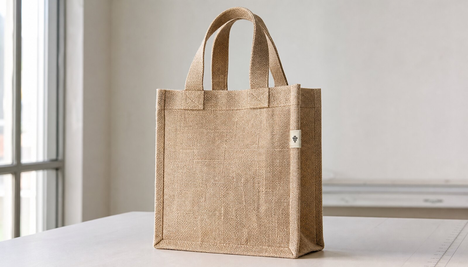 Photorealistic jute tote bag for a boutique winery with a CTM sample logo in a clean sample room.