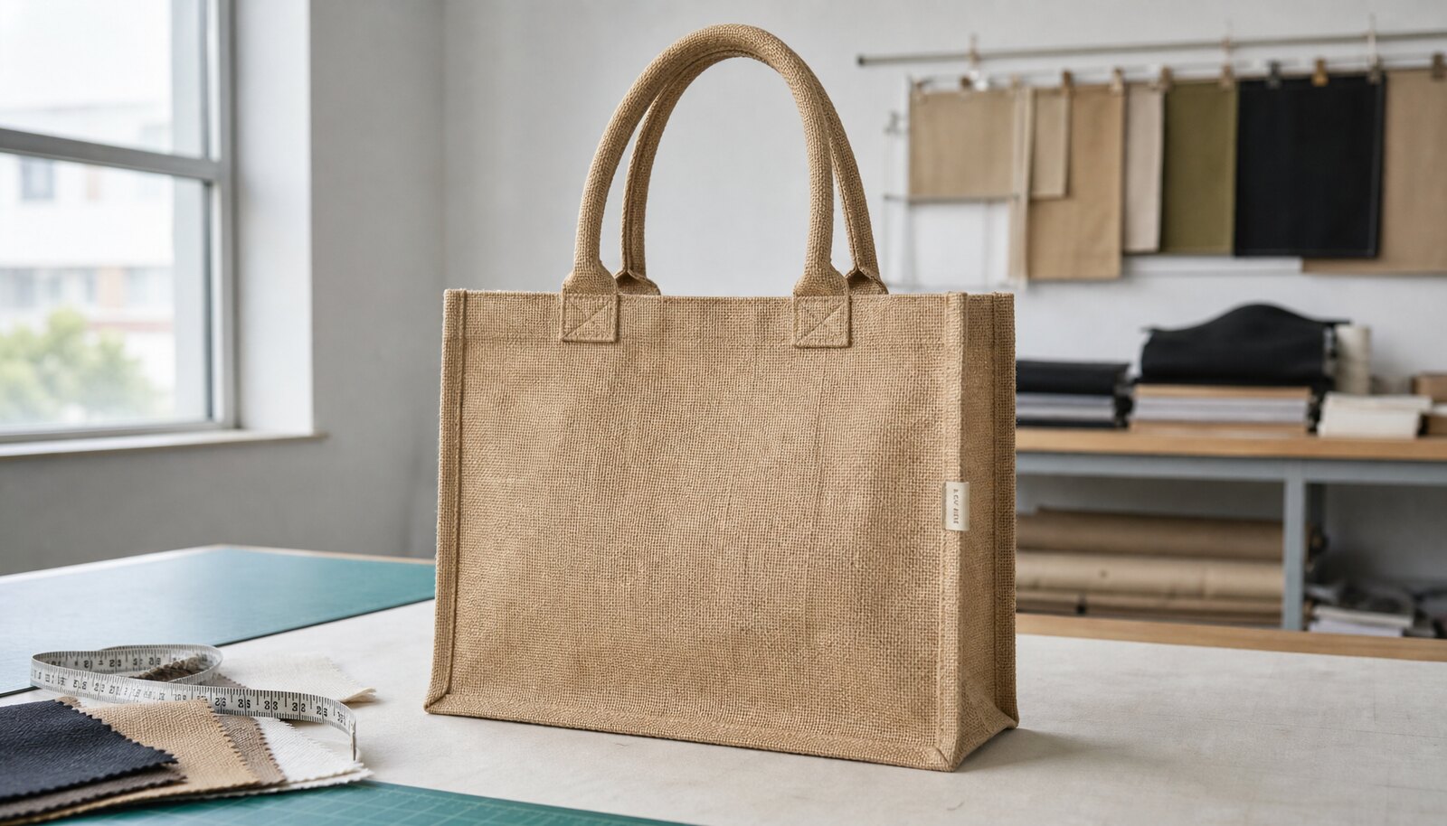 Natural jute tote bag with a small CTM/CottonToMaker sample logo in a clean factory sample room