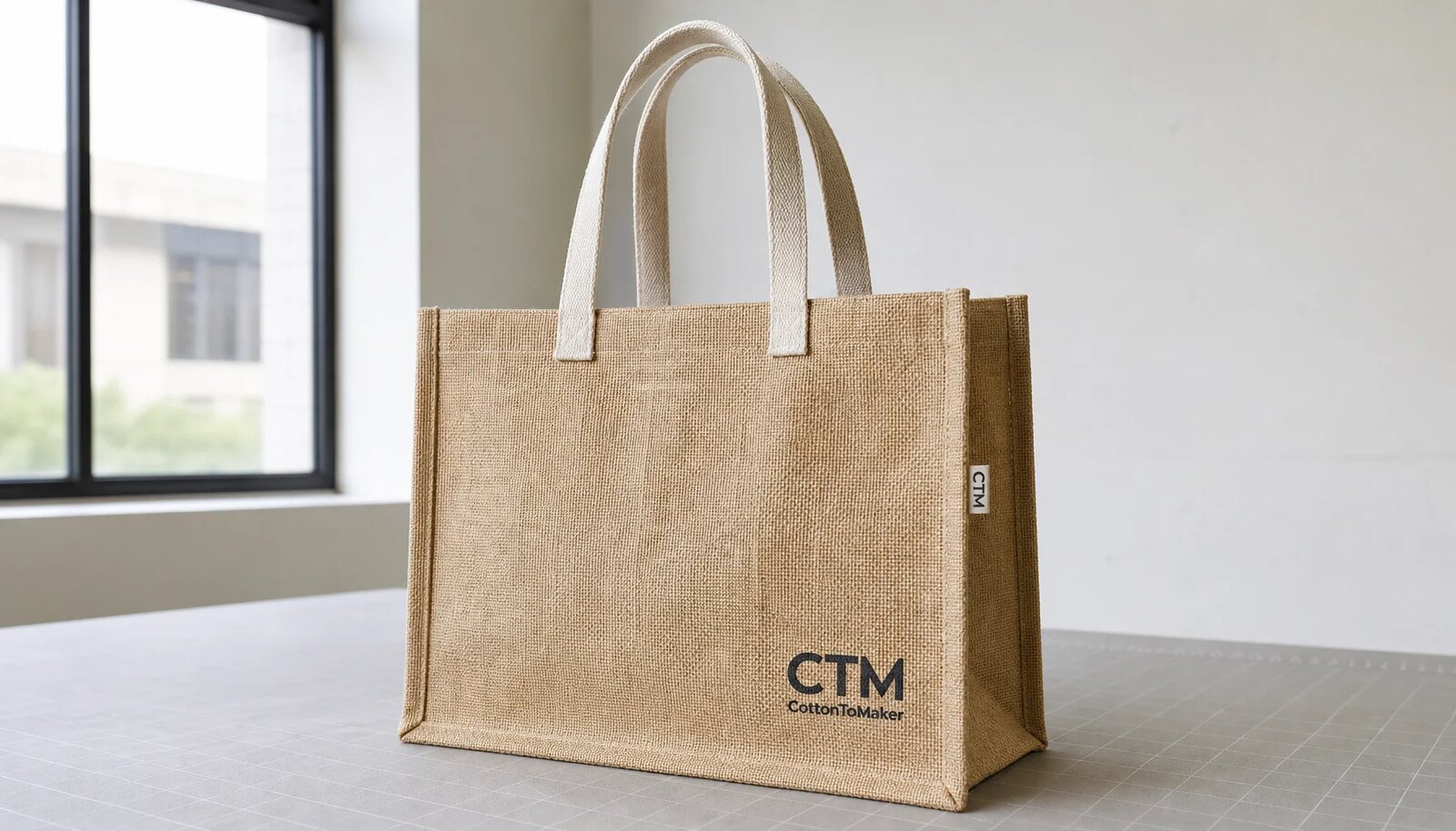 Natural jute tote bag with a small CTM sample logo printed on the front and a woven side label in a clean factory sample room.