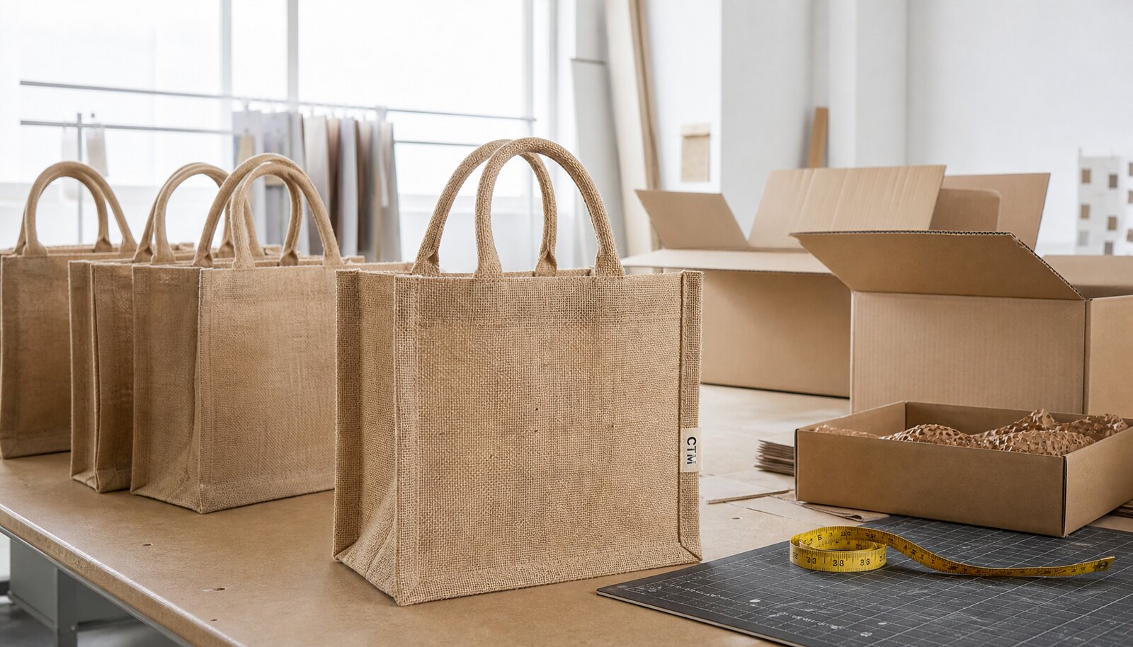 Natural jute tote bags with a small CTM logo on a sewn side label displayed in a factory sample room next to open shipping cartons.