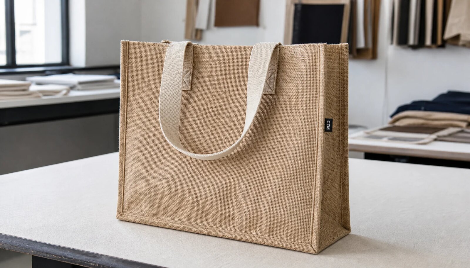 Durable natural jute tote bag production sample with reinforced cotton handles and CTM CottonToMaker side label