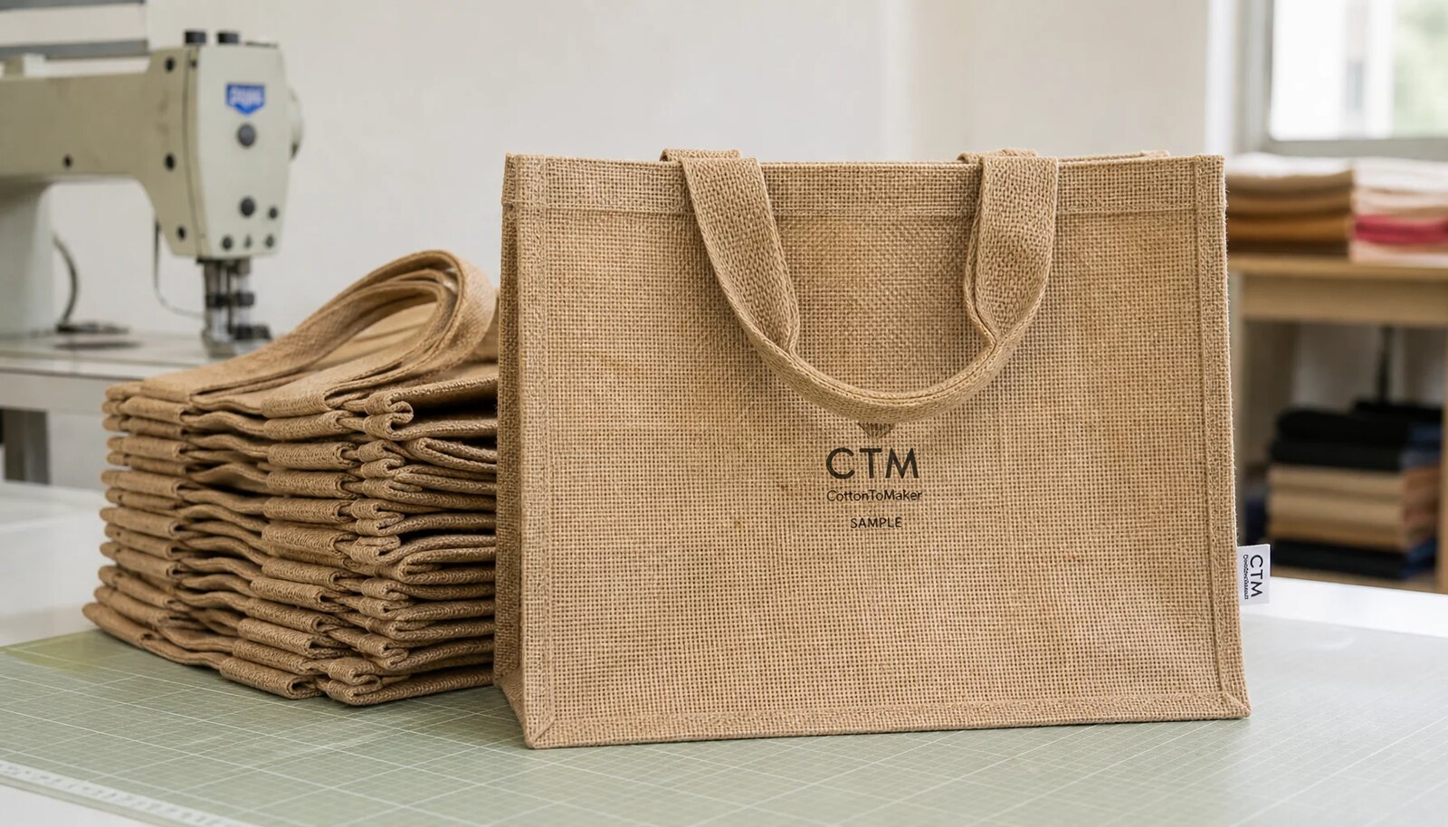 Natural jute tote bag with a CTM/CottonToMaker sample logo in a clean factory sample room.