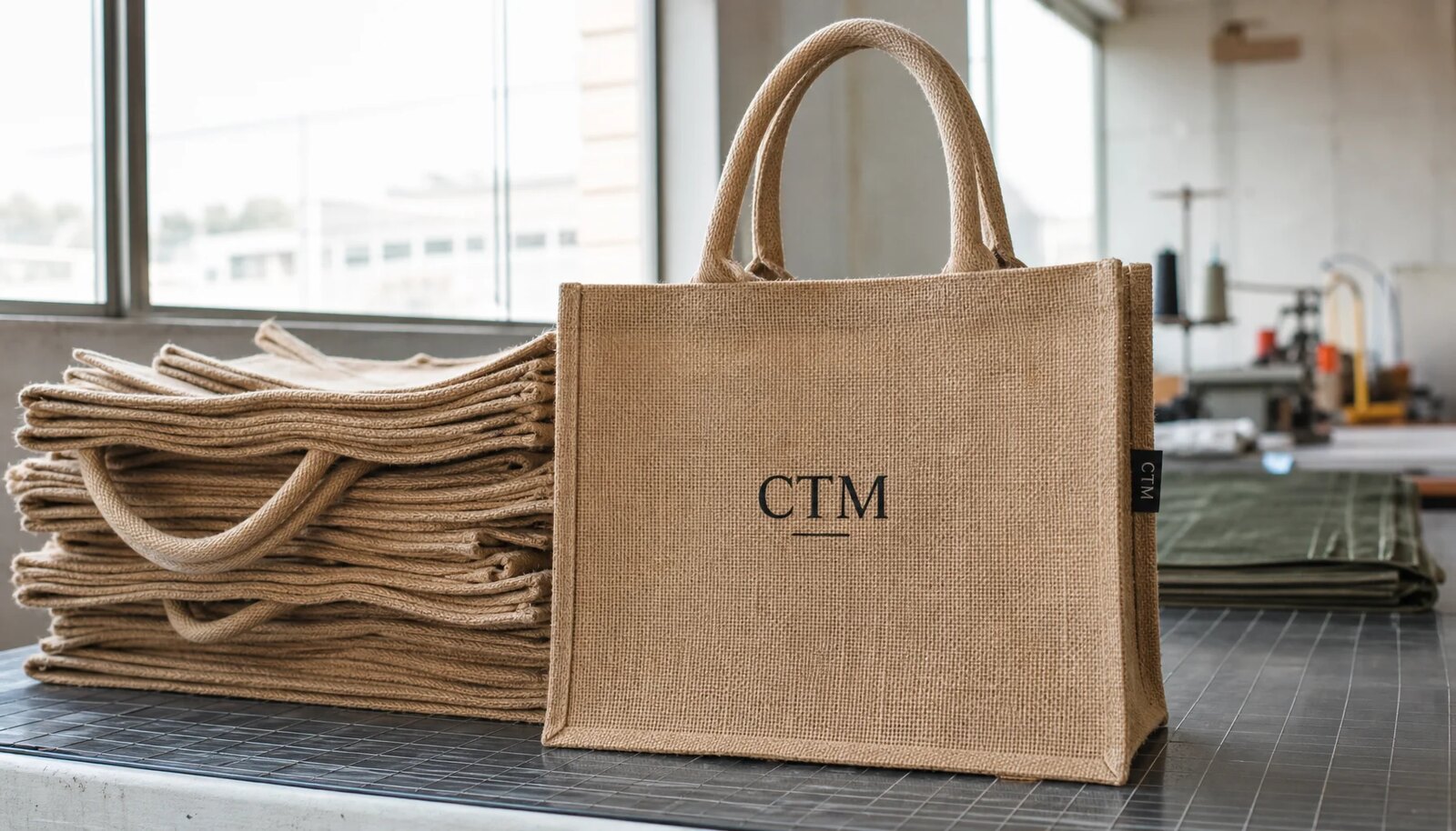 Natural jute tote bag with CTM logo printed directly on the bag in a clean factory sample room