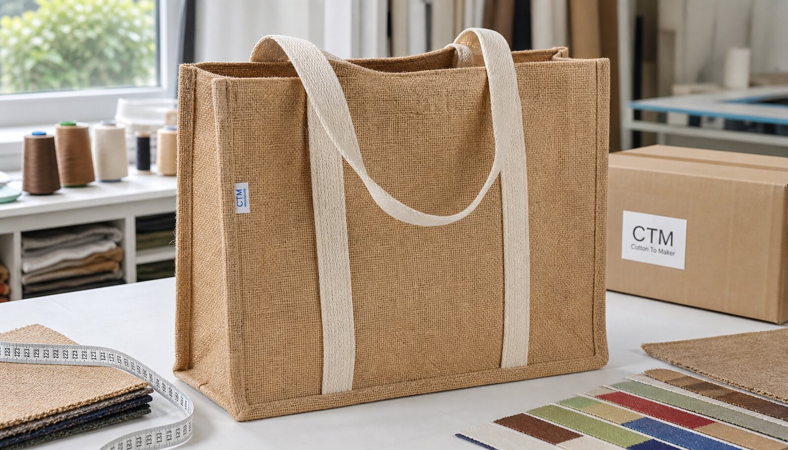 Natural jute tote bag with CTM sample logo stitched on side label in a factory sample room