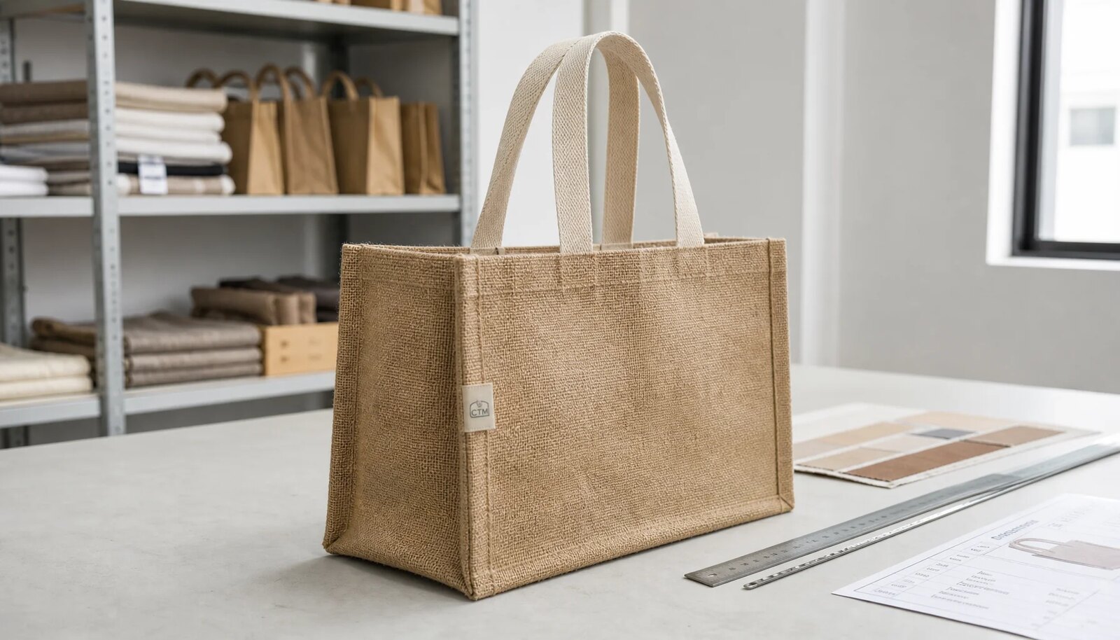 Natural jute tote bag with a small CTM side label in a clean factory sample room.