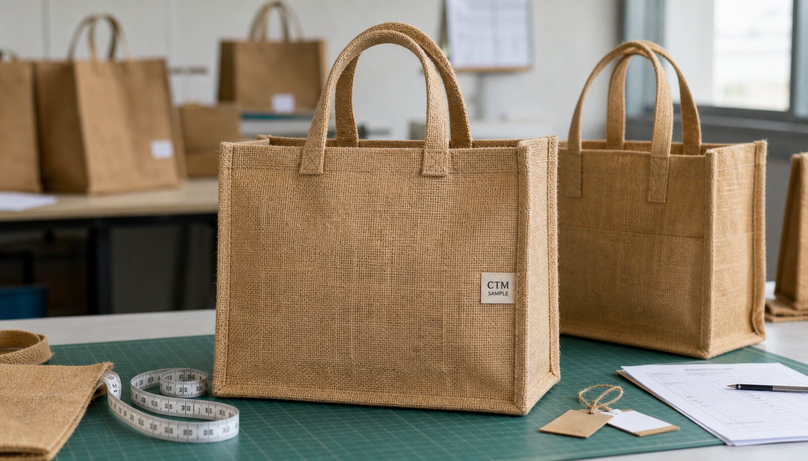 Natural jute tote bags with a small stitched CottonToMaker sample logo shown in a clean factory sample room