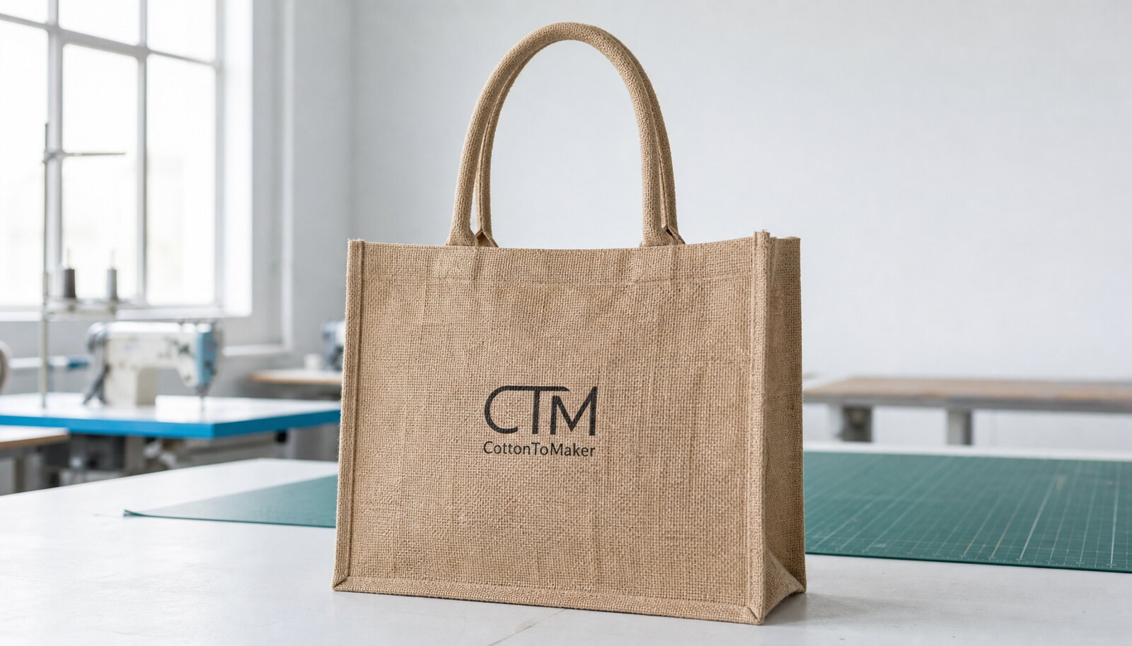 Natural jute tote bag with a simple CTM/CottonToMaker logo printed on the front panel in a clean factory sample room