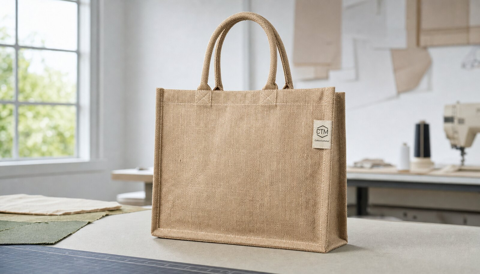 Natural jute tote bag with stitched CTM sample logo shown in a clean factory sample room