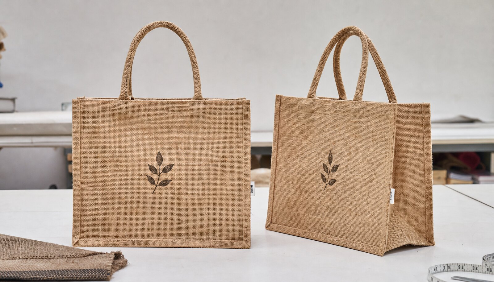 Photorealistic jute tote bags with a sample logo in a factory sample room