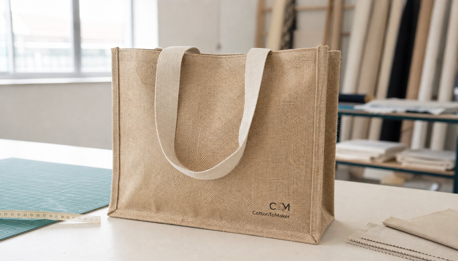Photorealistic jute tote bag with a small CTM logo printed directly on the bag in a clean factory sample room