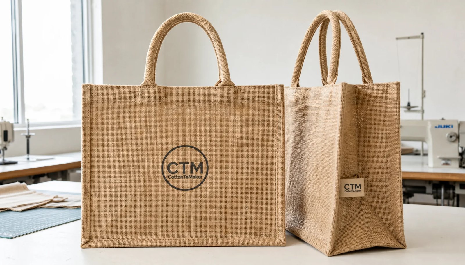 Photorealistic jute tote bags for hotel retail with a simple CTM sample logo on a sewn side label in a clean factory sample room
