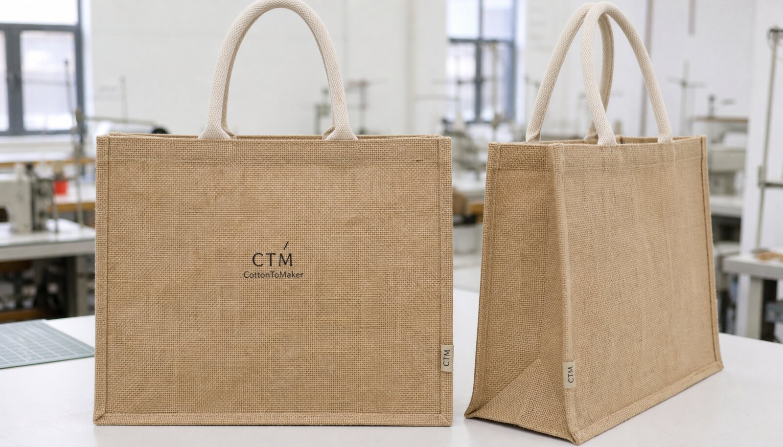Photorealistic natural jute tote bags in a factory sample room with a simple CTM/CottonToMaker logo printed on the bag and visible stitching details.