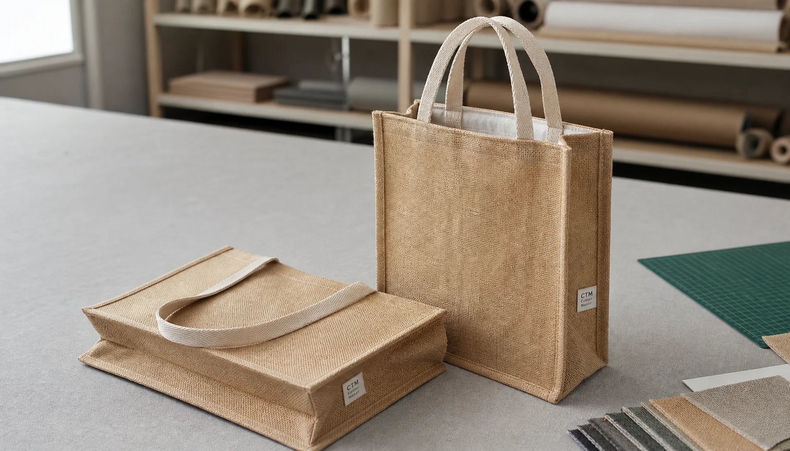 Natural jute tote bags with CTM CottonToMaker side label in a factory sample room