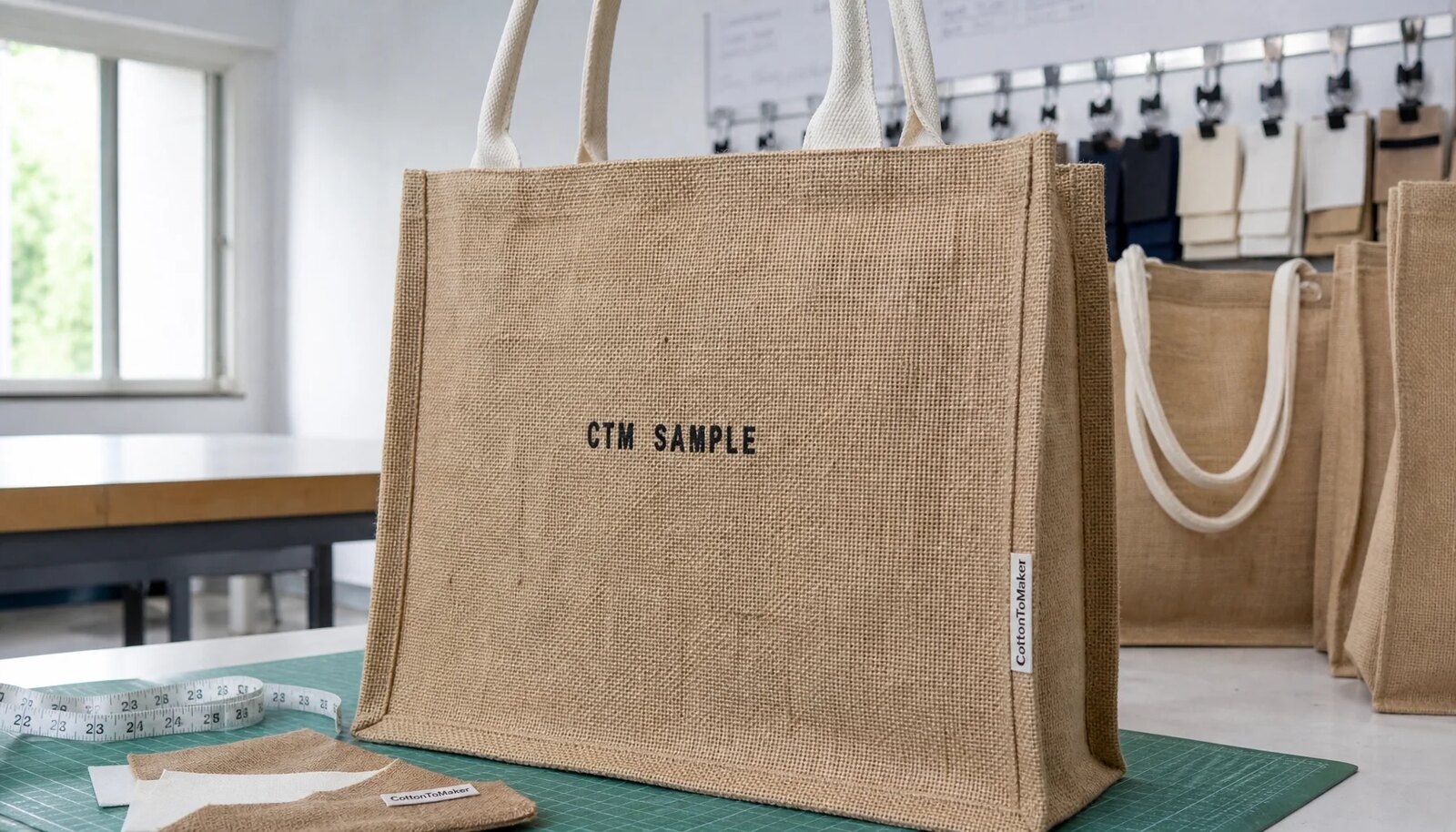 Natural jute tote bag with CTM sample logo and CottonToMaker side label in a factory sample room