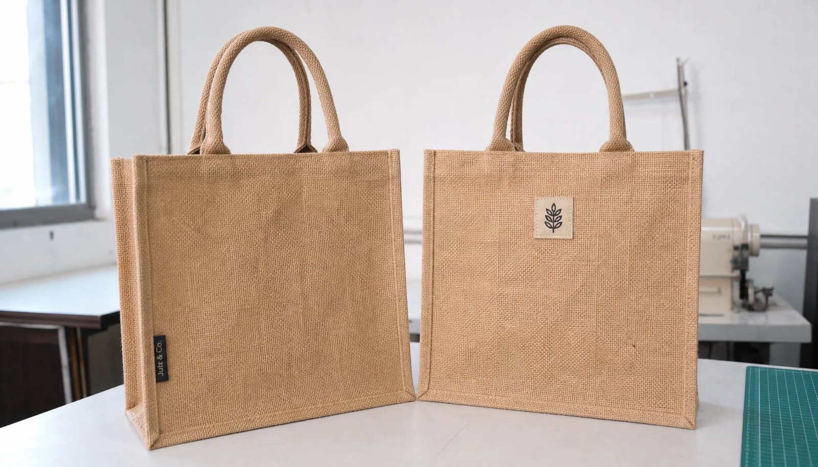 Photorealistic jute tote bags in a factory sample room with a CTM woven label and printed mark