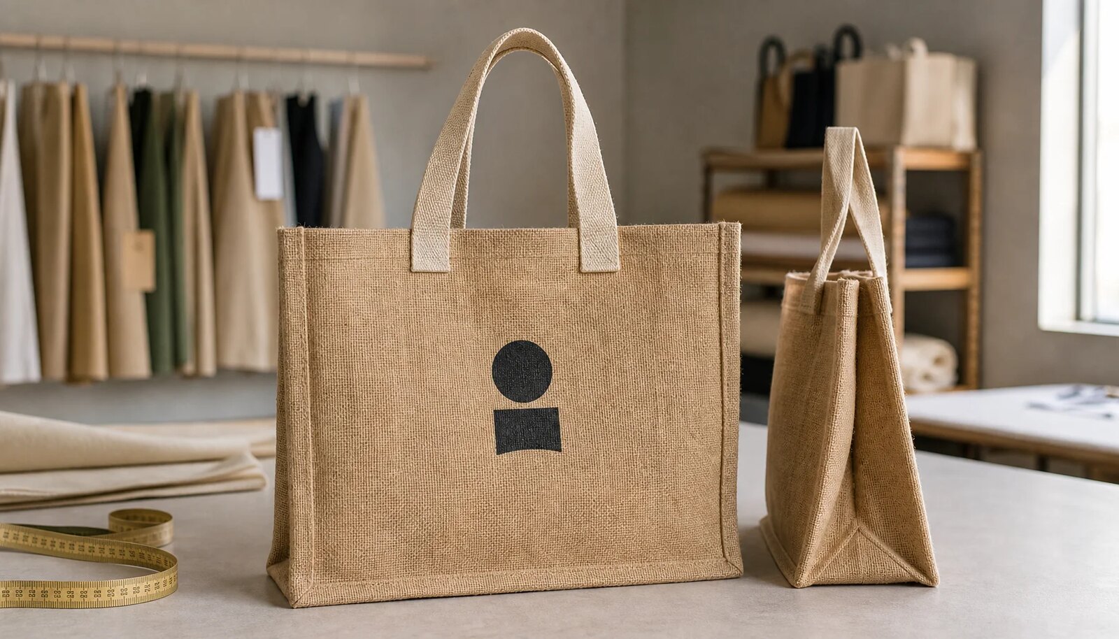 Natural jute tote bag with CTM sample logo printed on the front panel in a clean factory sample room