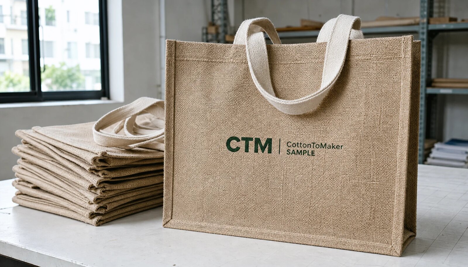 Natural jute tote bag with a simple CTM sample logo printed on the front panel in a clean factory sample room
