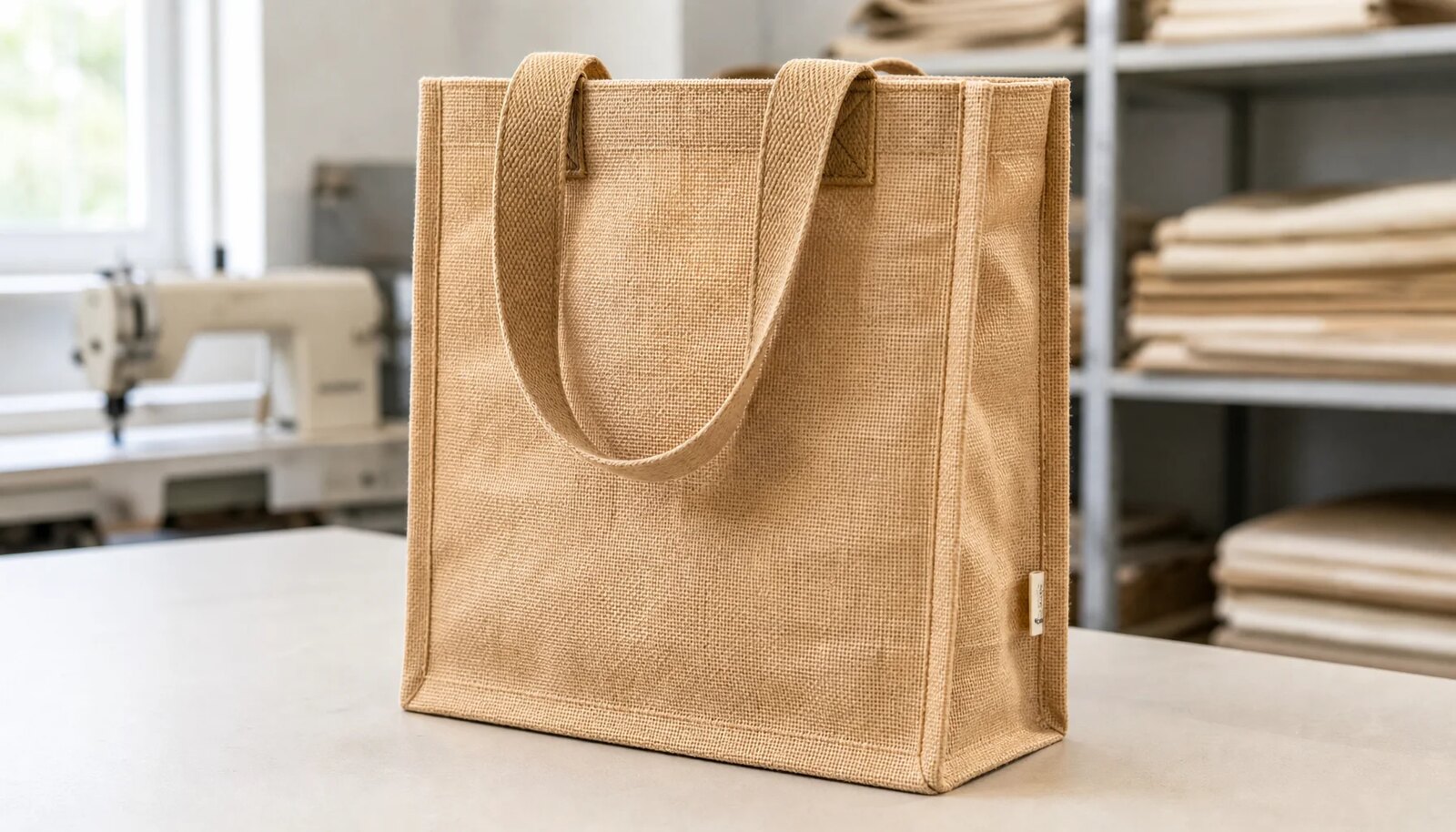 Natural jute tote bag with sewn CTM sample label displayed in a clean factory sample room