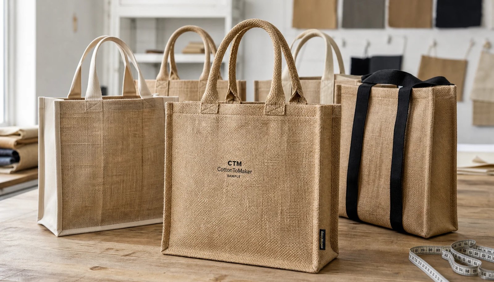 Natural jute tote bag samples with CTM/CottonToMaker logo in a factory sample room