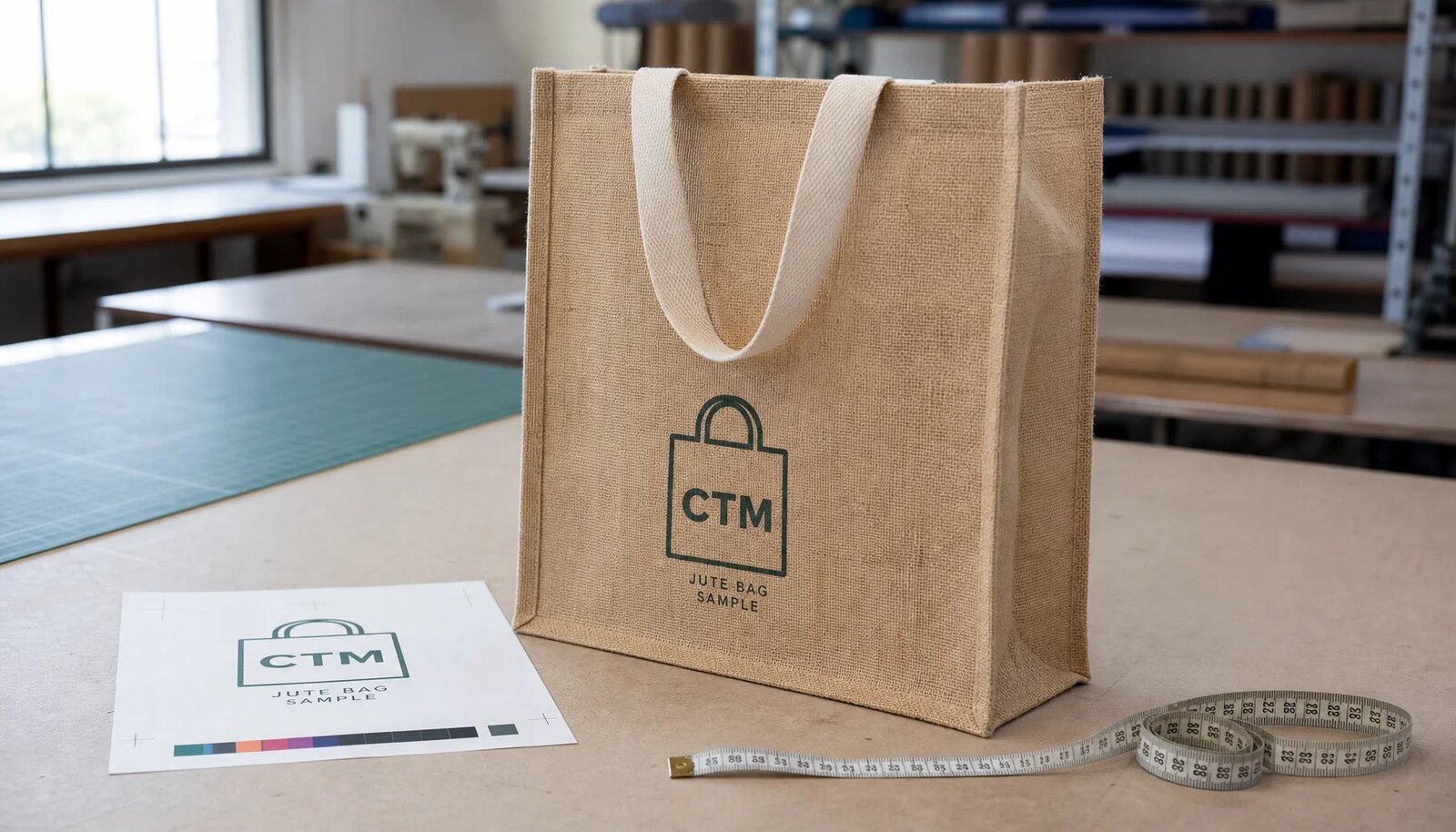 Natural jute tote bag with a dark green CTM sample logo in a factory sample room, shown beside a print proof and measuring tape.