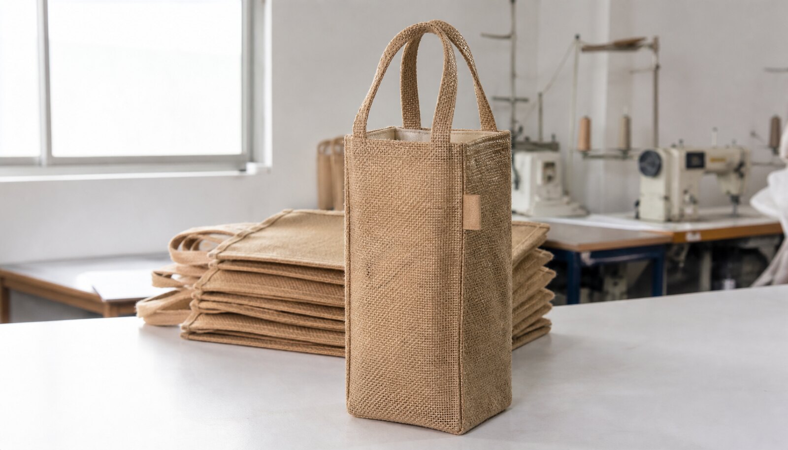 Natural jute tote bag with a sewn CTM/CottonToMaker side label in a clean factory sample room