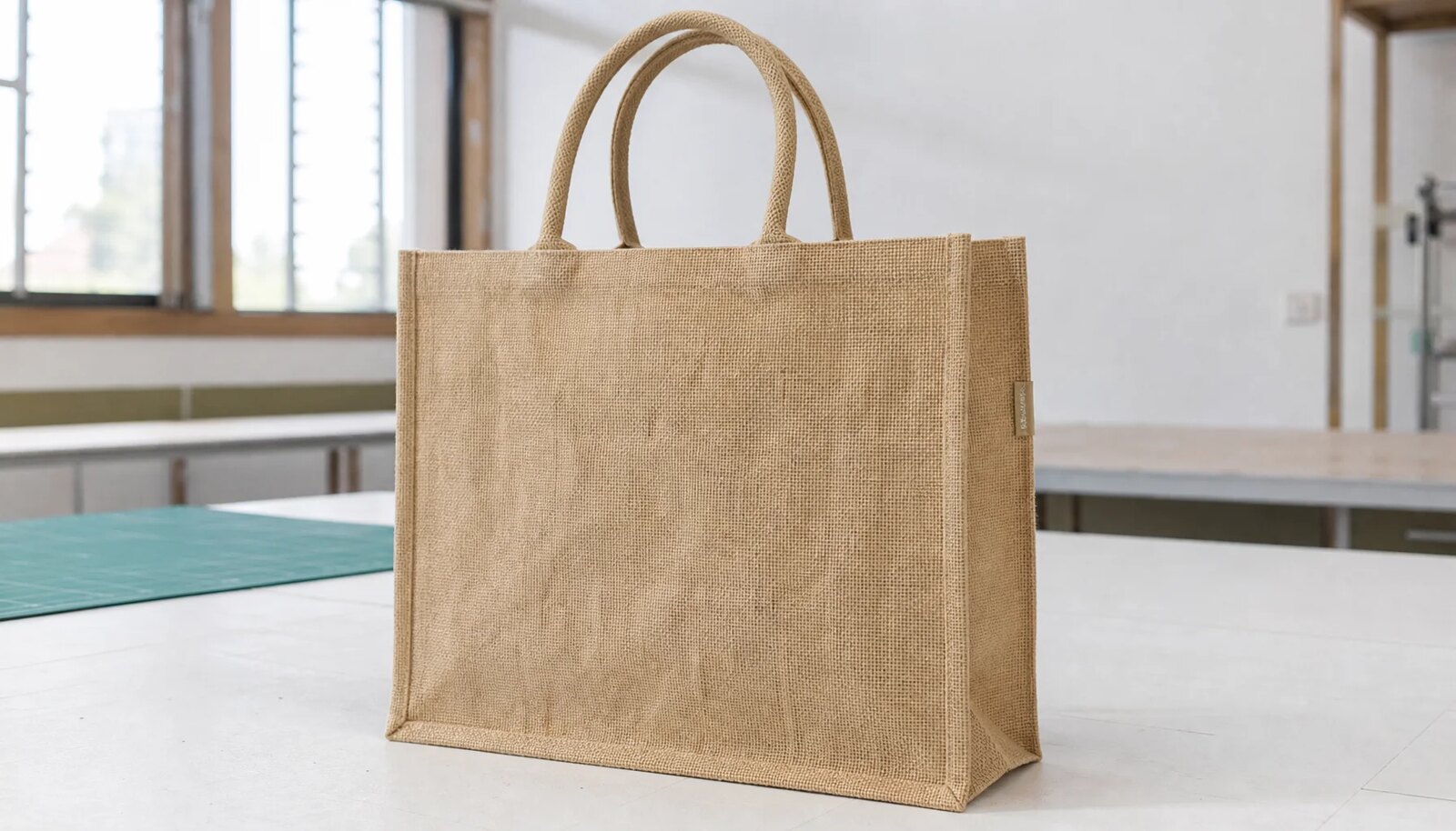 Natural jute tote bag sample in a clean factory sample room with a stitched CTM side label