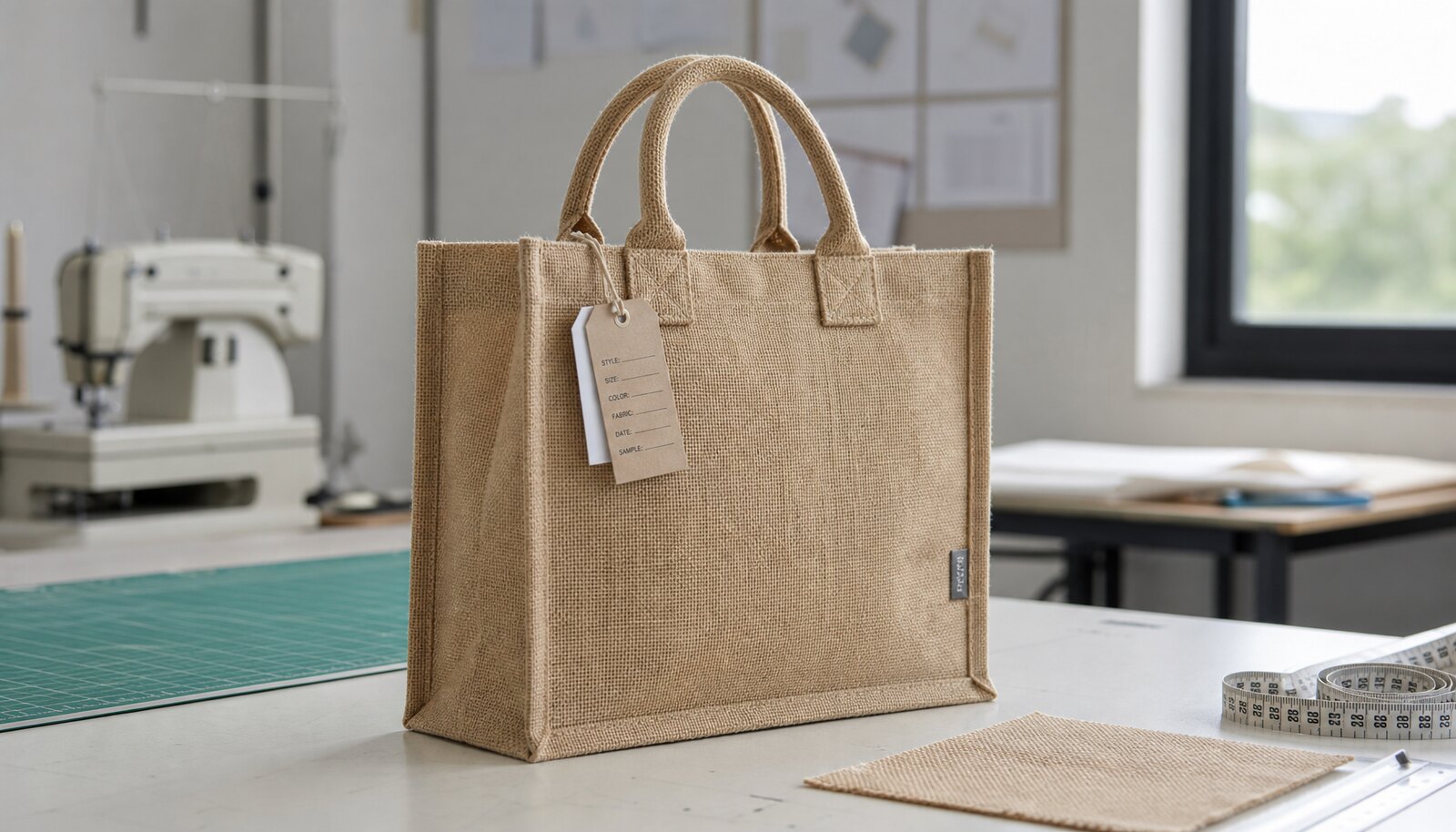 A natural jute tote bag with a small CTM sewn side label shown in a clean factory sample room