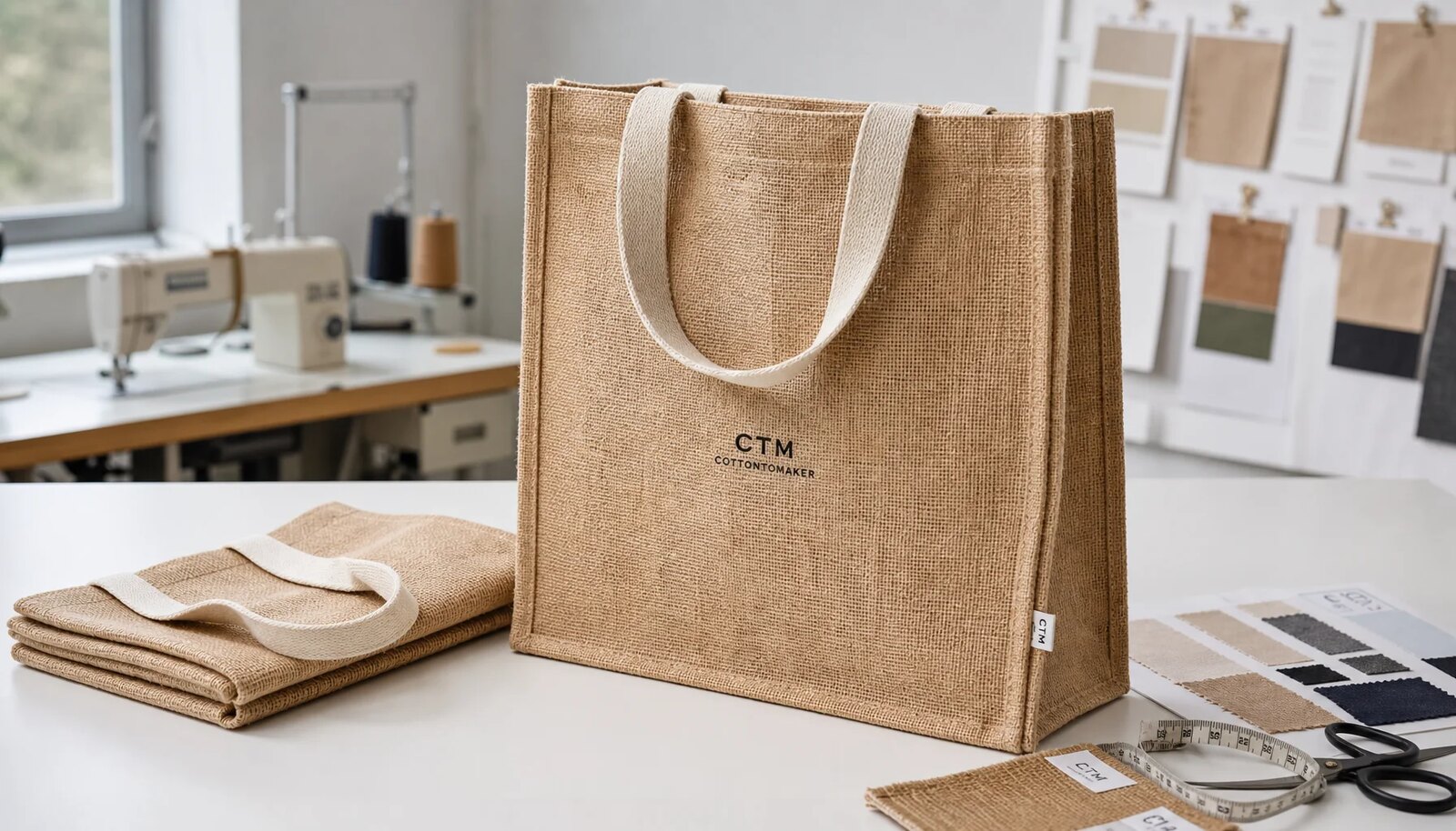 Natural jute tote bag sample with CTM CottonToMaker logo printed on the front panel
