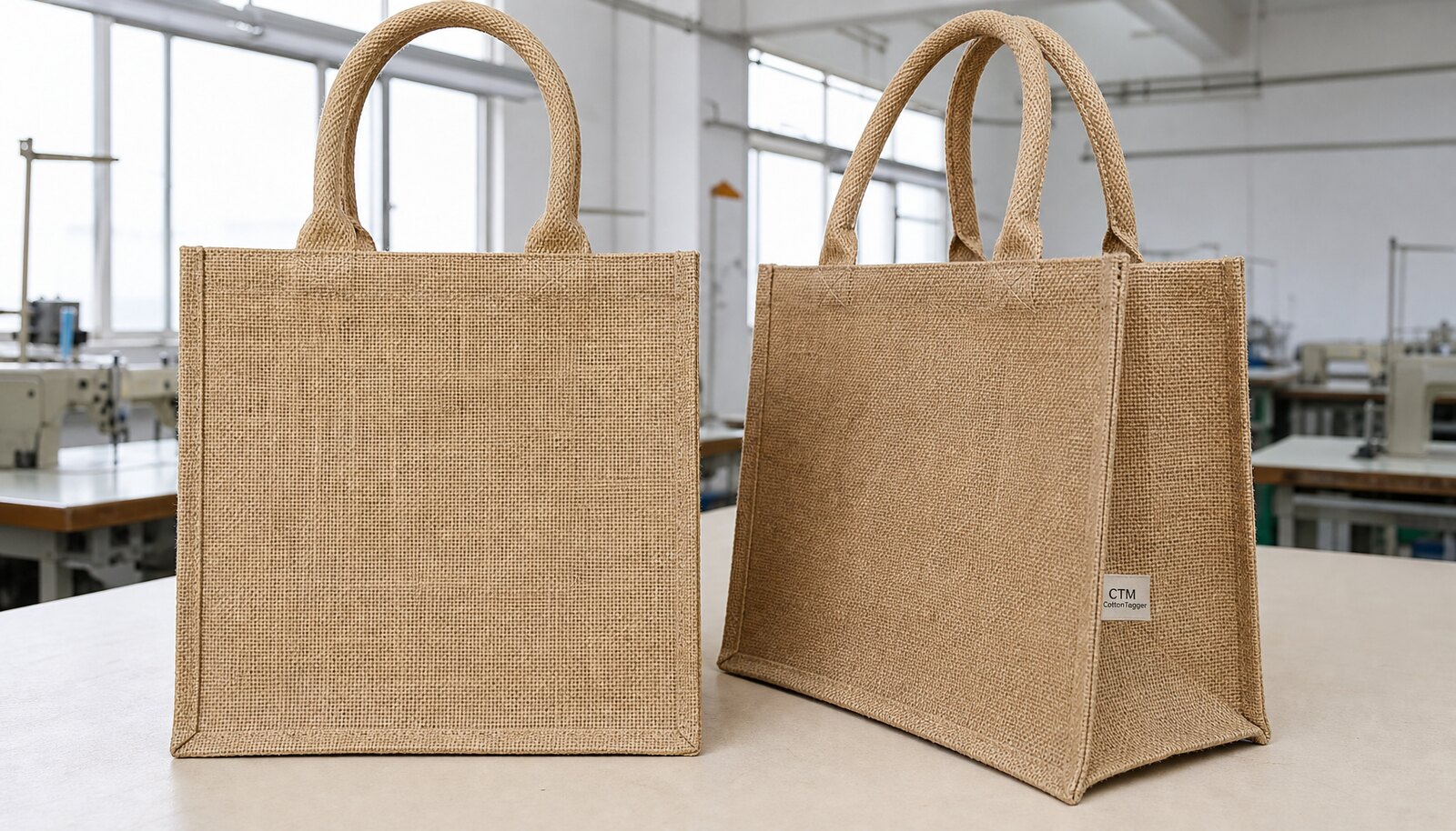 Natural jute tote bags with a simple CTM logo shown in a clean factory sample room