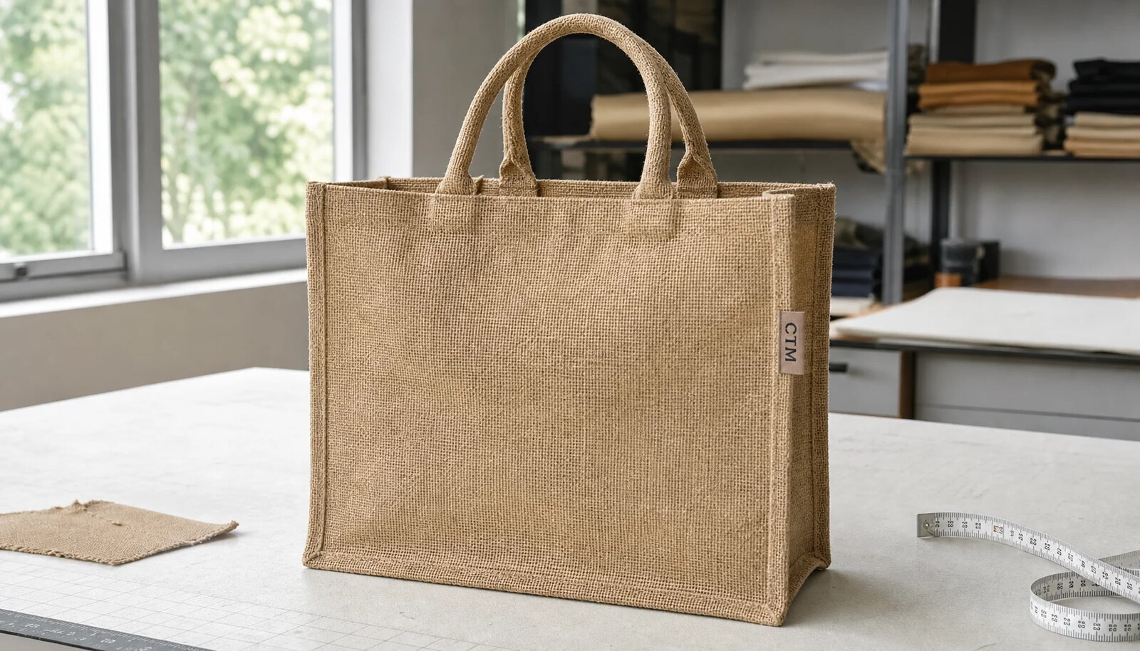 Natural jute tote bag with a stitched CTM sample label in a factory sample room.