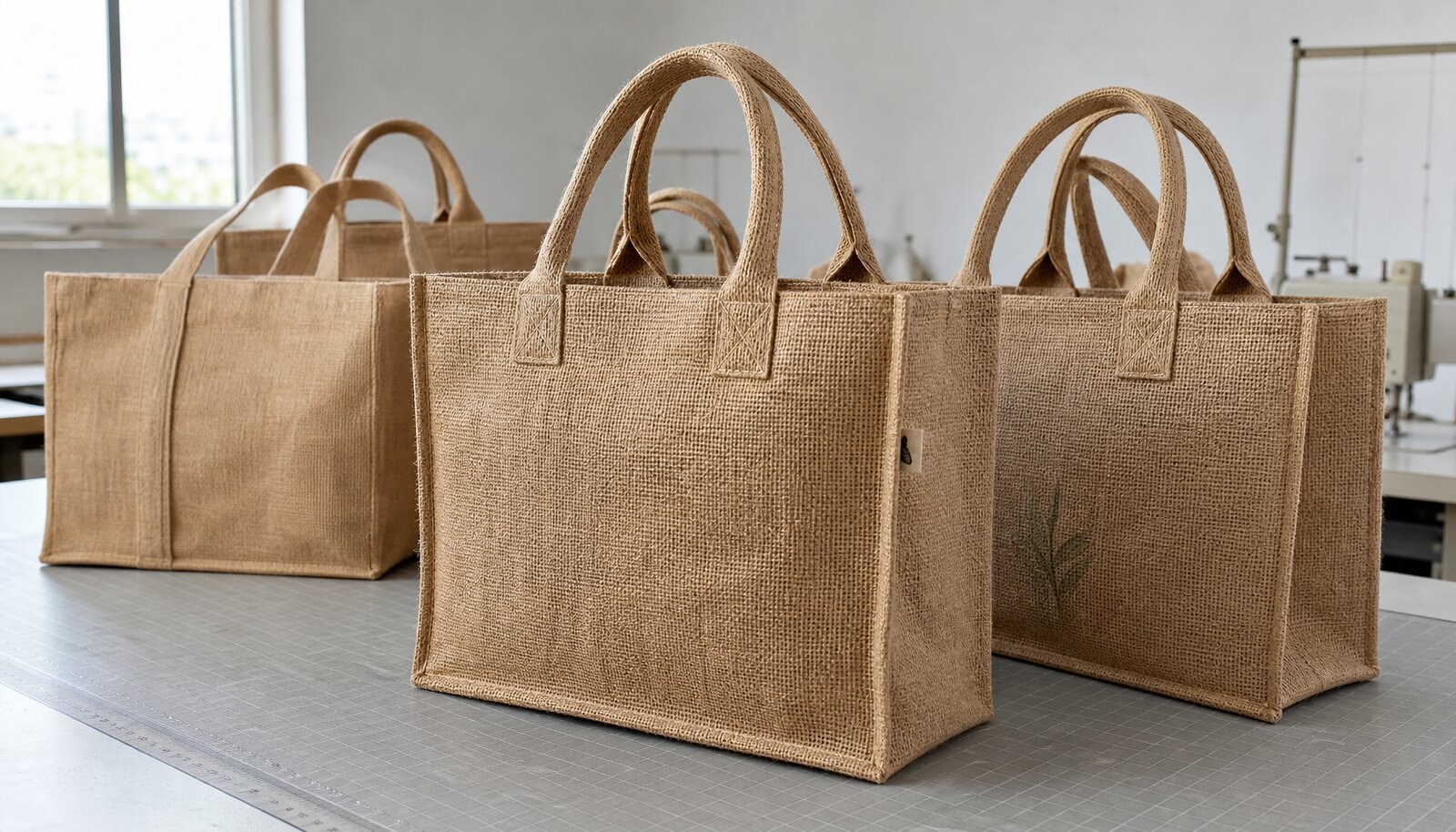 Natural jute tote bags in a factory sample room with a small CTM woven side label