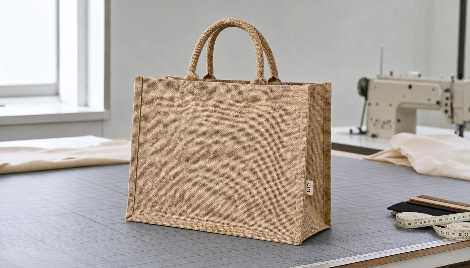 Natural jute tote bag with a sewn CTM sample label in a clean factory sample room