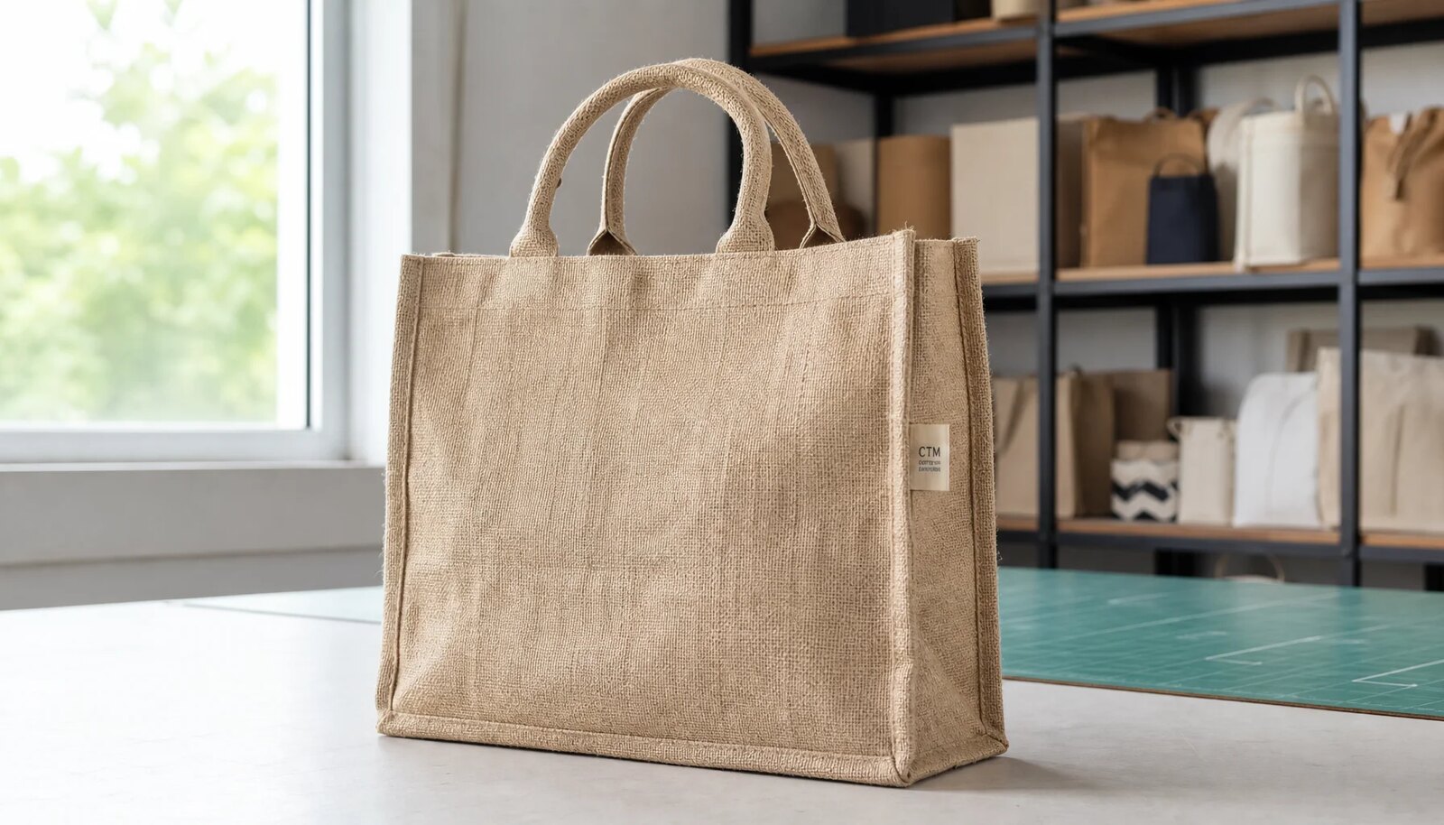 Natural jute tote bag with a small CTM sample logo label in a factory sample room