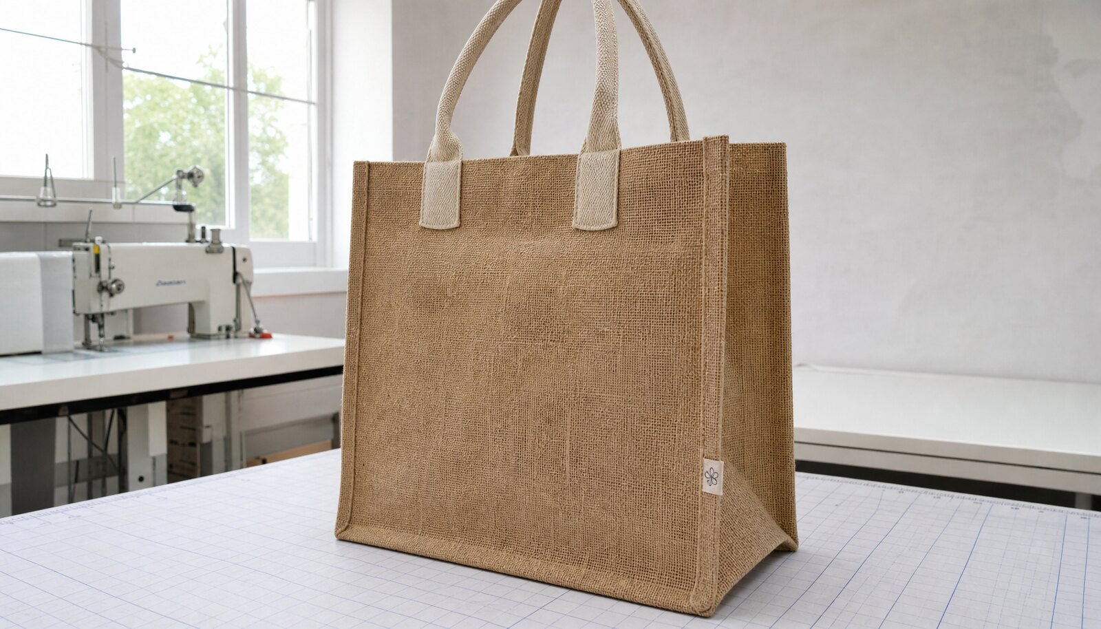 Natural jute tote bag with stitched handles and a small CTM/CottonToMaker side label in a factory sample room